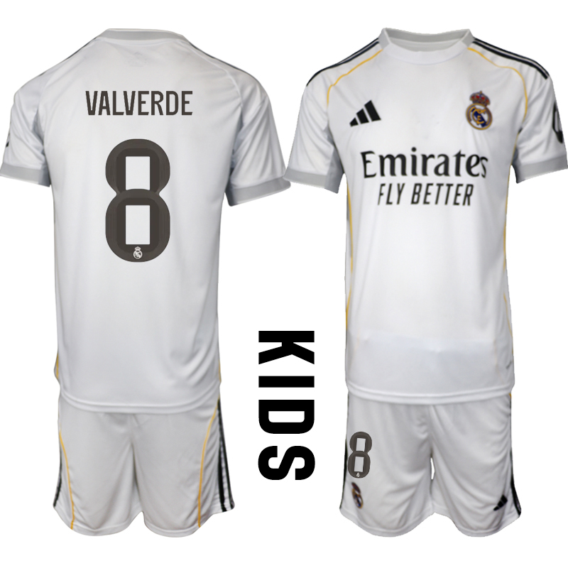 Youth 2025-2026 Club Real Madrid home white 8 Soccer Jersey 01